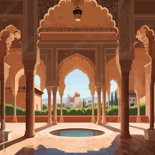 A stunning view through palace arches, with a scenic garden and the distant mountains, showcasing traditional architectural beauty.