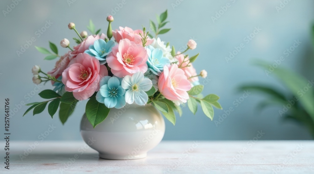 Fototapeta premium Pastel blossoms in a simple vase, a delicate arrangement of springtime flowers, showcasing soft pink and light blue petals, creating a serene and elegant ambiance.