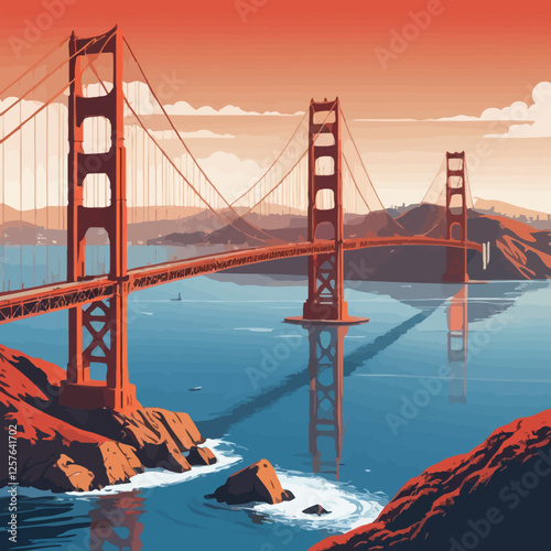A stunning vector illustration of the Golden Gate Bridge, showcasing its iconic red-orange towers rising above the vibrant blue waters of San Francisco Bay under a clear sky.