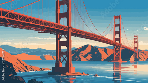 A stunning vector illustration of the Golden Gate Bridge, showcasing its iconic red-orange towers rising above the vibrant blue waters of San Francisco Bay under a clear sky.