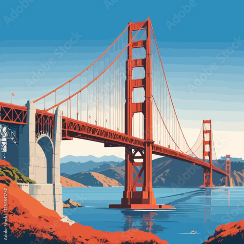 A stunning vector illustration of the Golden Gate Bridge, showcasing its iconic red-orange towers rising above the vibrant blue waters of San Francisco Bay under a clear sky.