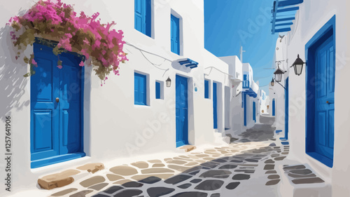 A tranquil scene in a Greek island village with white buildings, blue doors, and vibrant flowers adorning the streets, creating a picturesque setting.