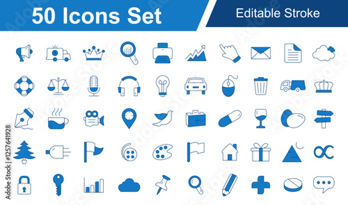 Marketing, Microphone, Wine, Cloud, Justice, Lifebuoy, Device, Coffee Blue Line Icon Set. Editable Stroke Vector Icons 