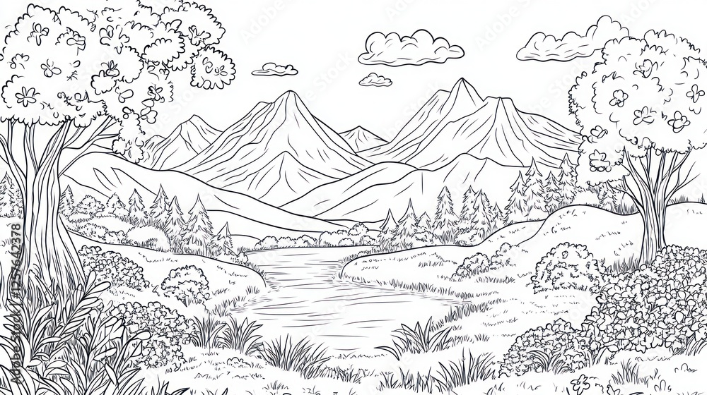 Serene mountain river landscape, coloring page Serene mountain river landscape, coloring page