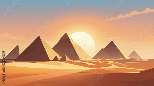 A breathtaking view of the pyramids at sunrise, the desert stretching far and wide with the iconic Egyptian monuments casting long shadows in the golden light.