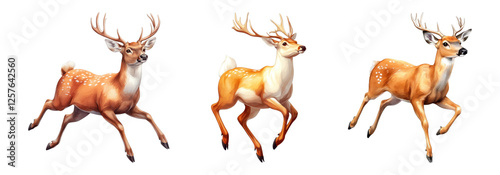Three Spotted Deer Leaping Across a White Background in a Watercolor Style Illustration, Isolated on White Background Cutout