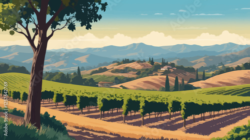 A stunning vector illustration of Napa Valley, California, featuring vast vineyards stretching into rolling hills and a picturesque landscape of wine country.