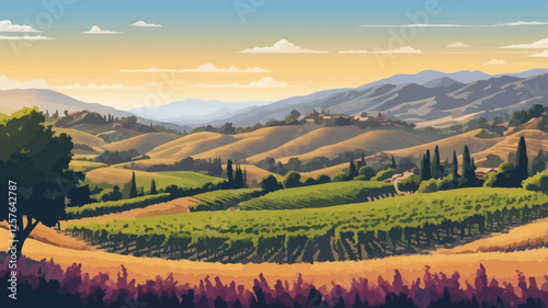 A stunning vector illustration of Napa Valley, California, featuring vast vineyards stretching into rolling hills and a picturesque landscape of wine country.
