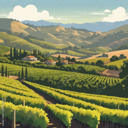 A stunning vector illustration of Napa Valley, California, featuring vast vineyards stretching into rolling hills and a picturesque landscape of wine country.