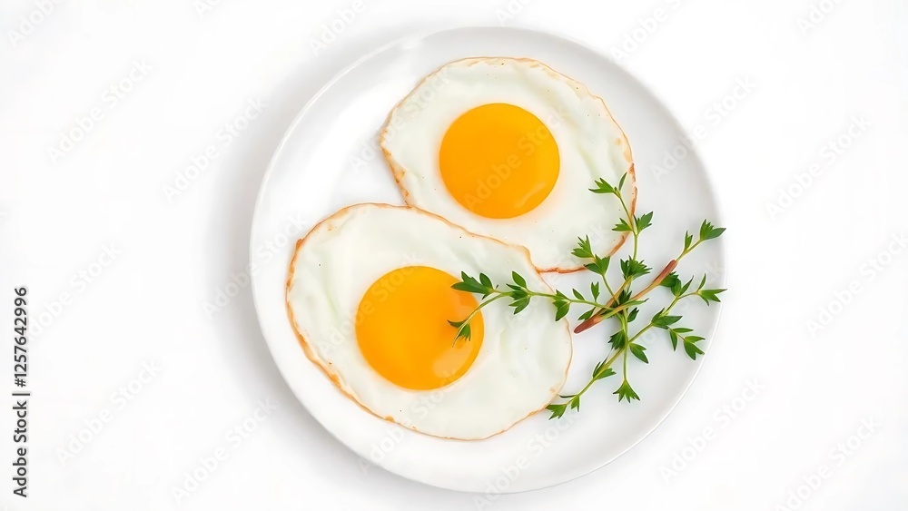 A beautifully presented breakfast featuring two perfectly fried eggs with golden yolks on a classic white plate, garnished with fresh green herbs. A beautifully presented breakfast featuring two perfectly fried eggs with golden yolks on a classic white plate, garnished with fresh green herbs.