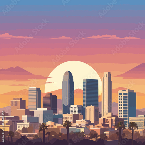 "Los Angeles city skyline during sunset, with reflective water in the foreground and towering skyscrapers, palm trees, and stunning mountains in the distance."