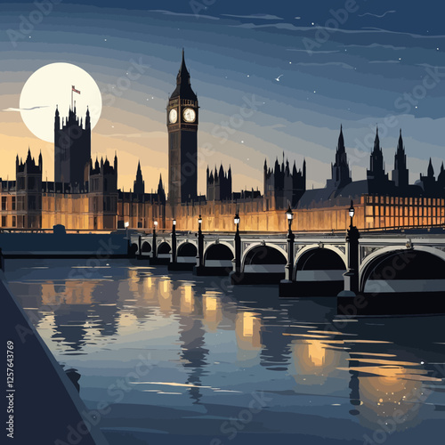 A serene vector illustration of London at dusk, featuring iconic landmarks like Big Ben and the Houses of Parliament illuminated against a clear evening sky.