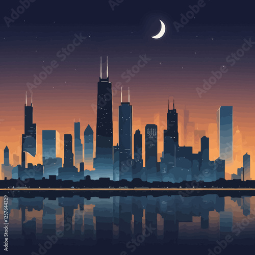 A minimalist yet striking vector illustration of Chicago's night skyline, featuring its iconic skyscrapers and glowing city lights.