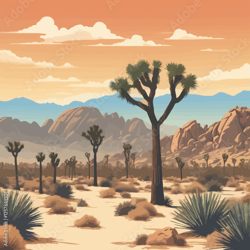 A breathtaking vector illustration of Joshua Tree National Park, capturing its iconic desert landscape, unique rock formations, and distinctive Joshua trees in Southern California.