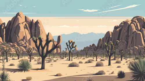A breathtaking vector illustration of Joshua Tree National Park, capturing its iconic desert landscape, unique rock formations, and distinctive Joshua trees in Southern California.