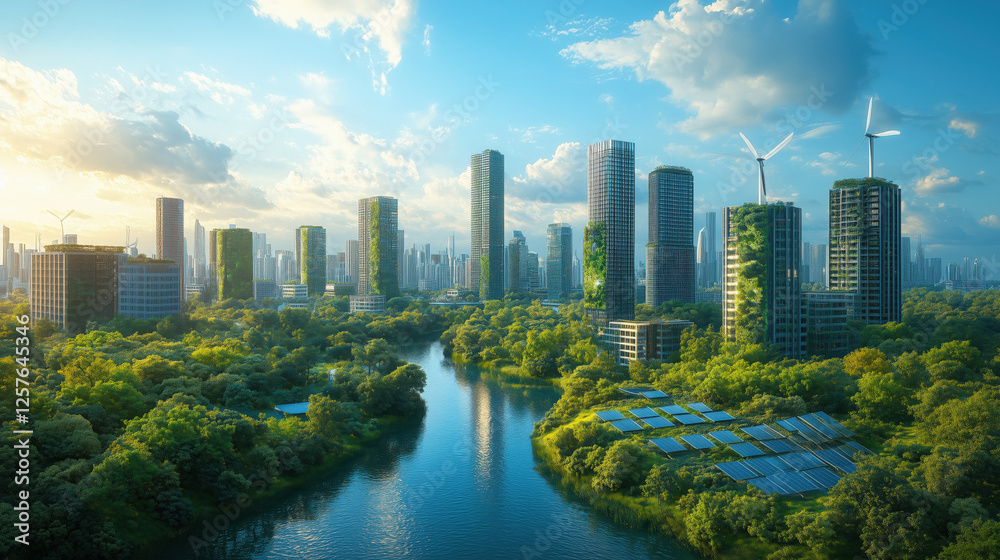 Fototapeta premium A futuristic cityscape with green energy solutions, solar panels, and wind turbines integrated into modern skyscrapers, symbolizing sustainable urban development 