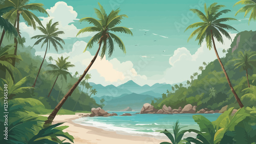 "Tropical beach surrounded by lush palm trees and rocky formations, with crystal-clear water and distant mountains creating a perfect serene landscape."