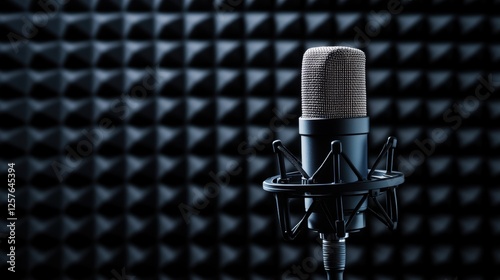 A close-up of a high-quality microphone in a professional recording studio with a soundproof background.