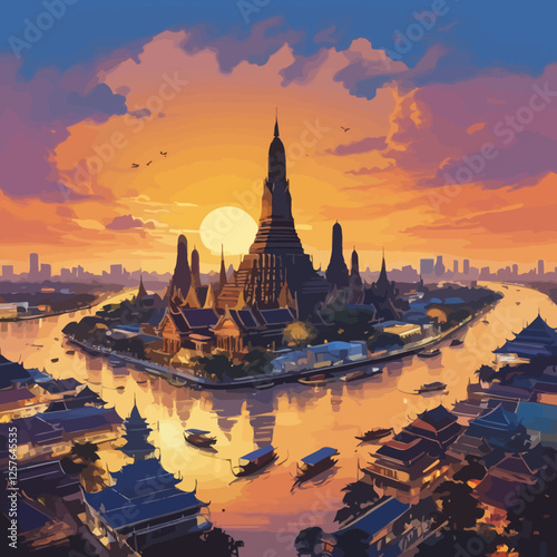 A breathtaking vector illustration of Bangkok at sunset, blending historic temples with modern skyscrapers in a vibrant cityscape.