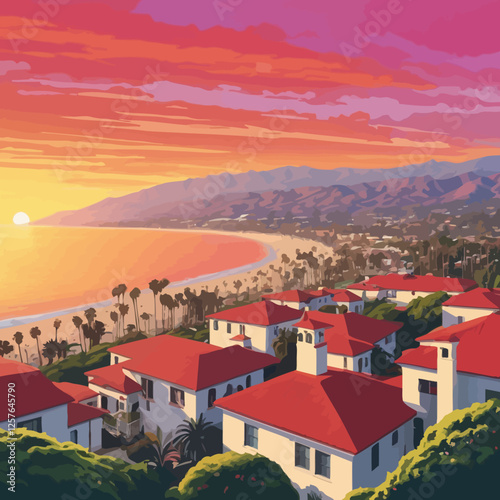  "Stunning sunset view of the California coast with colorful skies, palm trees, and a sandy beach, capturing the essence of a relaxing summer vacation."