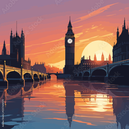  "Beautiful Big Ben and Westminster Bridge in London captured during sunset, with its reflection mirrored on the tranquil Thames River at dusk."
