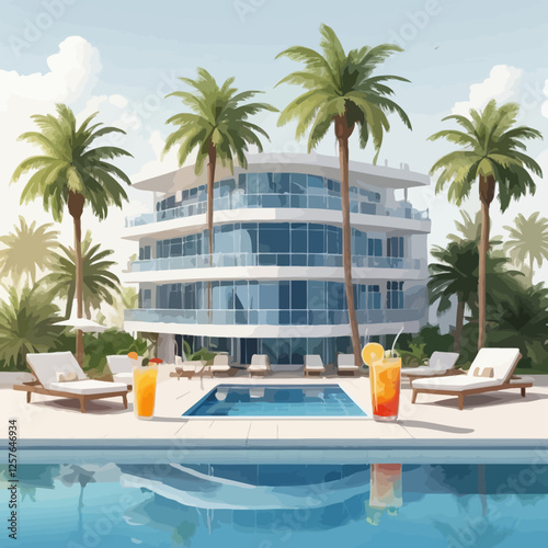 A luxurious beachfront hotel with a stylish pool, palm trees, and tropical scenery, perfect for vacation and relaxation.