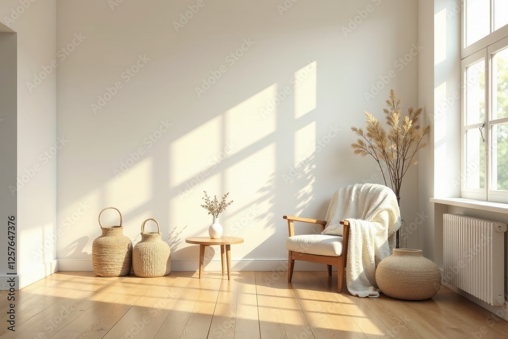 Fototapeta premium Serene Minimalist Living Room with Natural Light and Woven Accents