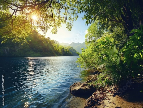 4K image of the sparkling waters of Los Lagos, with lush green plants and trees lining the shore, creating a tranquil, untouched paradise in the heart of nature. photo