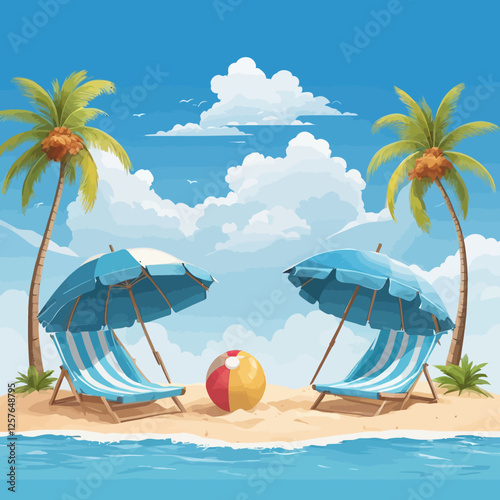 A vibrant tropical beach scene with two sun loungers under blue umbrellas, facing the ocean. A relaxing summer vacation illustration.