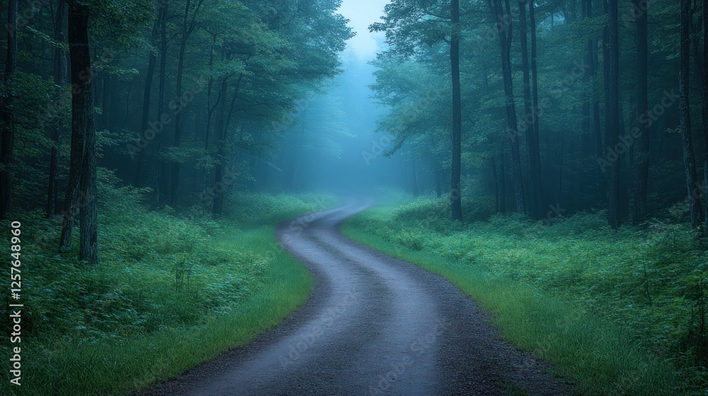 Obraz premium Serene winding path through a misty forest, surrounded by lush greenery and tranquil atmosphere