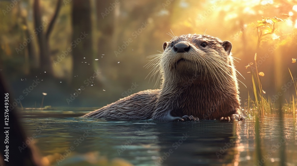 Otter swimming in the water. Wildlife scene from nature Otter swimming in the water. Wildlife scene from nature