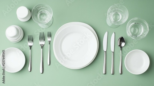 Elegant table setting, green background, overhead view, dinnerware