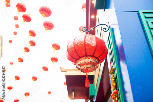 Photography red paper lanterns, decorations for lunar chinese new year in moscow