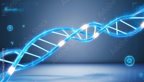 A vibrant, glowing blue DNA double helix is depicted in a 3D render against a muted gray background.