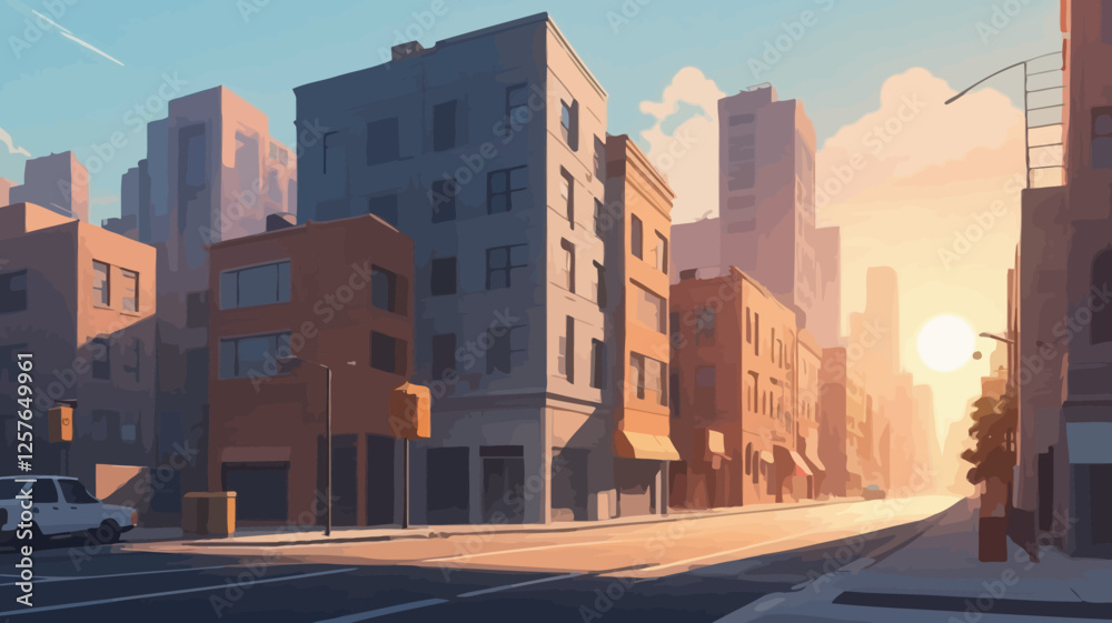 A realistic urban street illustration with modern buildings, soft sunset light, and an empty road. Perfect for cityscape, real estate, and architectural concepts. A realistic urban street illustration with modern buildings, soft sunset light, and an empty road. Perfect for cityscape, real estate, and architectural concepts.