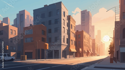 A realistic urban street illustration with modern buildings, soft sunset light, and an empty road. Perfect for cityscape, real estate, and architectural concepts.