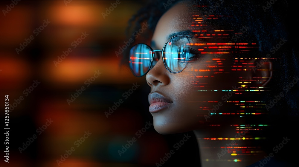 Digital Visionary: A stylized portrait of a young woman, her face overlaid with flowing streams of digital code, reflects the innovative spirit of modern technology and its impact on our lives.