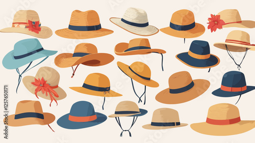 A collection of stylish summer hats in different designs, including straw hats and sun hats. Ideal for fashion, accessories, and lifestyle-themed visuals.