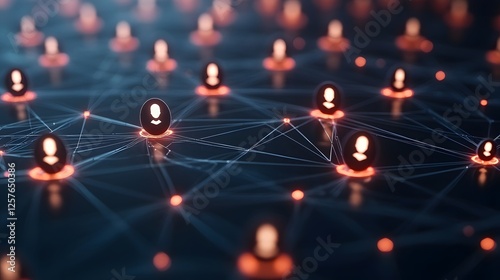 Connected World: A captivating abstract representation of interconnectedness, with numerous glowing icons symbolizing individuals linked together by a dynamic web of digital connections.