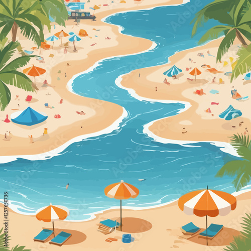 An aerial view of a beautiful summer beach with a winding river, umbrellas, and tropical scenery. A perfect holiday illustration for travel-related designs.