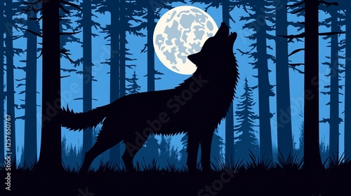 Silhouetted Wolf Howling at Moonlit Forest photo