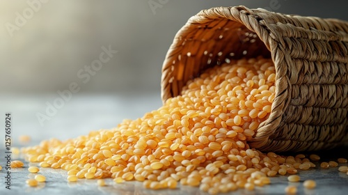 Traditional woven basket tips over, spilling golden rice grains on reflective surface photo