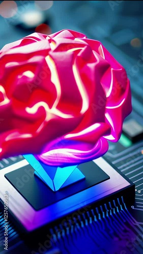 Futuristic pink and blue brain-shaped sculpture on a circuit board, symbolizing technology and creativity