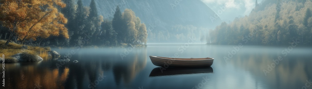 Fototapeta premium A little boat floats on a tranquil lake, surrounded by forested hills and mountains. 