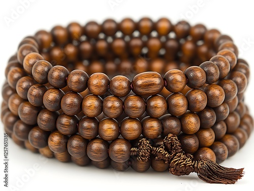 • A compact prayer bead bracelet, fashioned from smooth wooden beads, is coiled neatly on a bright white surface. The high-contrast, shadow-free lighting illuminates the warm hue of the wood  photo