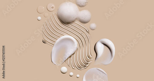 samples of cosmetic care products smear of cream gel texture close up on a beige background