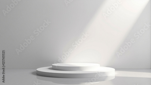 Minimal white scene for product display presentation with realistic white cylinder pedestal podium. Geometric platform stage for showcase with spotlight