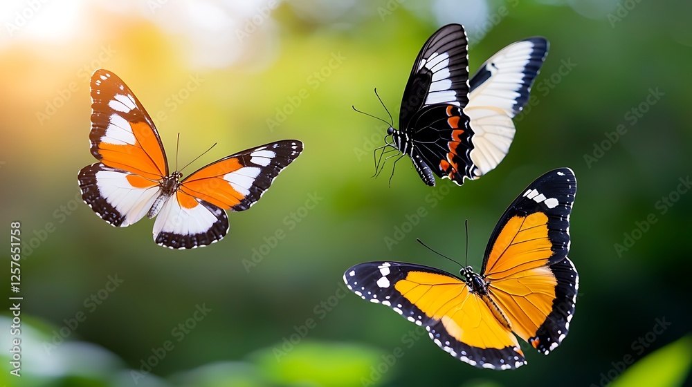 Fototapeta premium Three Colorful Butterflies In Flight Against Green Background