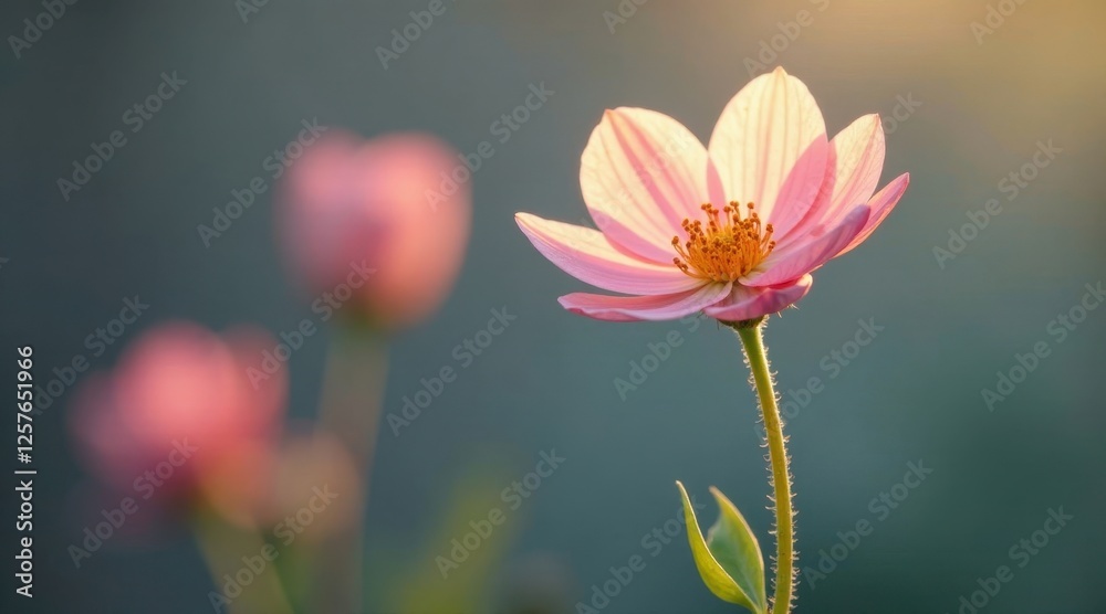 A Delicate Pink Flower Illuminated by Golden Hour Sunlight, Softly Focused with Blurred Background A Delicate Pink Flower Illuminated by Golden Hour Sunlight, Softly Focused with Blurred Background
