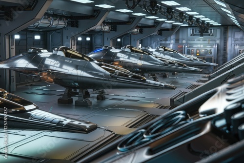 Fototapeta Naklejka Na Ścianę i Meble -  Futuristic spaceship hangar with several sleek, dark gray spacecraft on display, ready for launch.